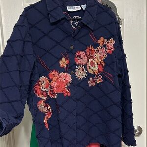 Bedford Fair Navy Embroidered Jacket w Pink and Burgundy Floral Detail Shacket